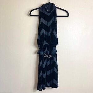 Alice + Olivia Halter Mock Neck Chevron Fit Flare Belted Dress Black Velvet